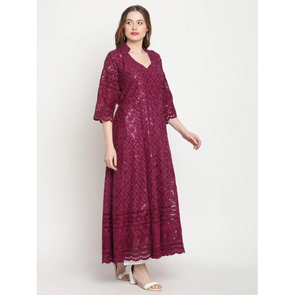 Women's Casual 3/4th Sleeve Embroidered Cotton Kurti (Purple)