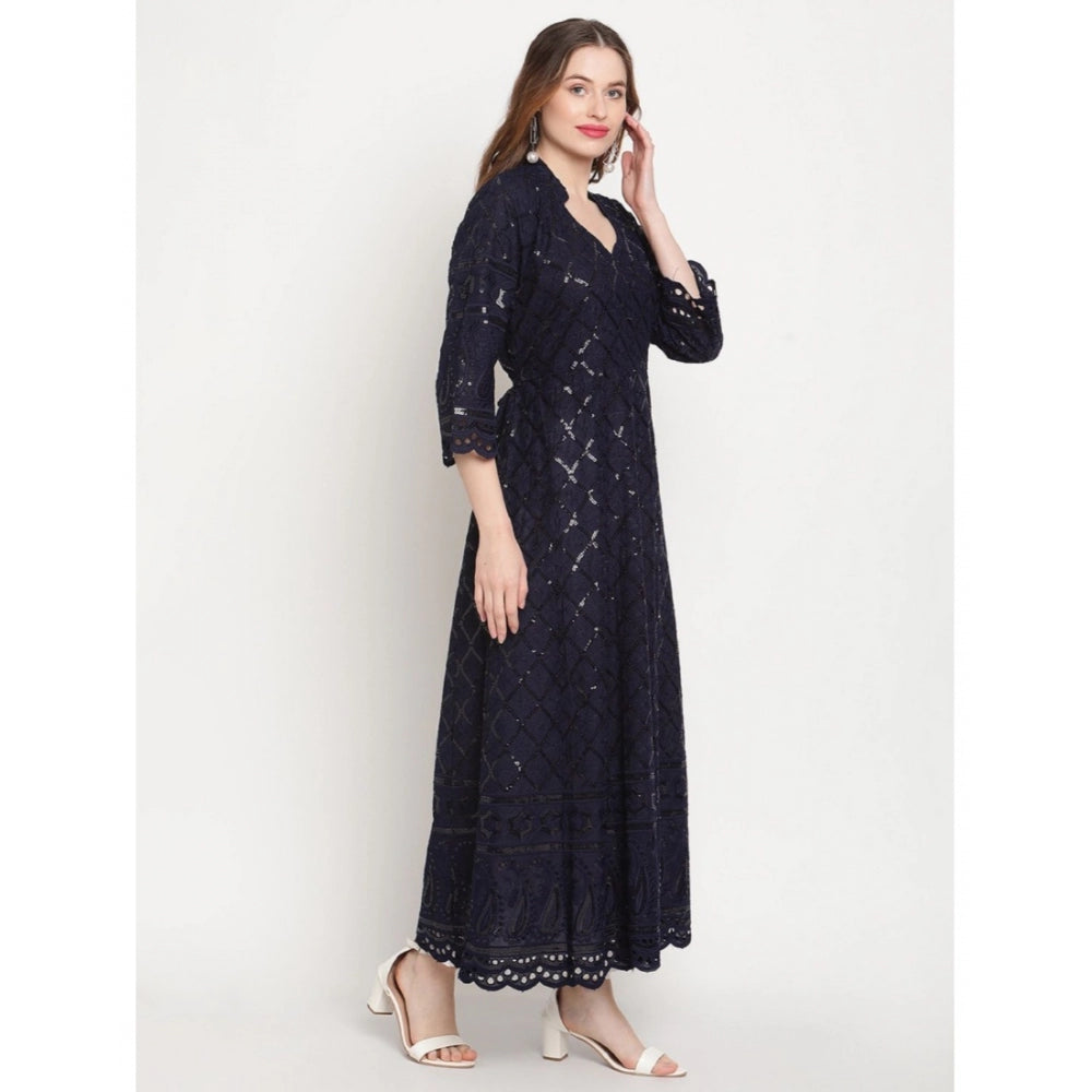 Women's Casual 3/4th Sleeve Embroidered Cotton Kurti (Navy Blue)