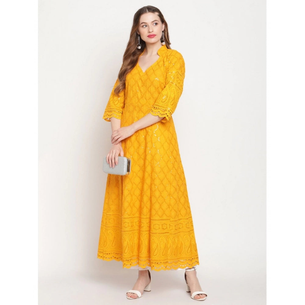 Women's Casual 3/4th Sleeve Embroidered Cotton Kurti (Mustard)