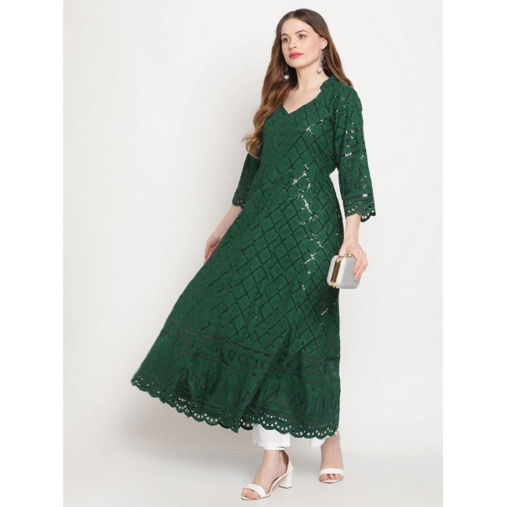 Women's Casual 3/4th Sleeve Embroidered Cotton Kurti (Dark Green)