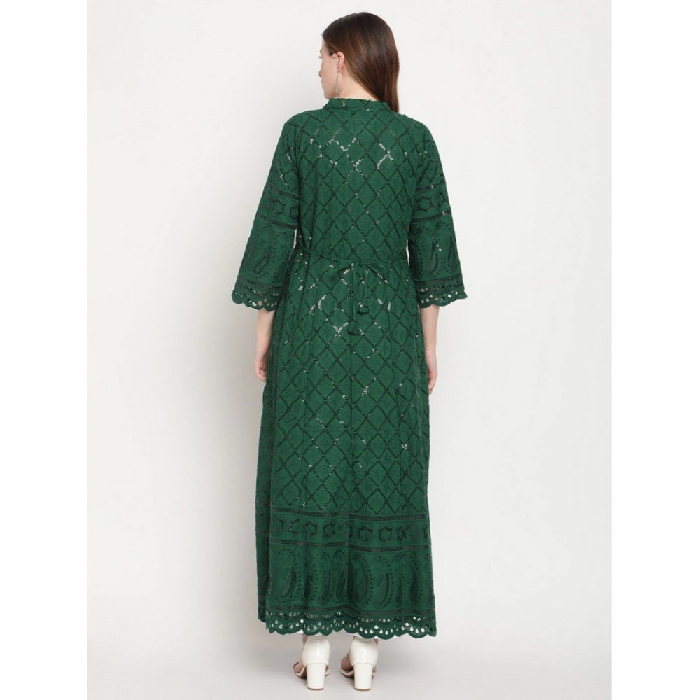 Women's Casual 3/4th Sleeve Embroidered Cotton Kurti (Dark Green)