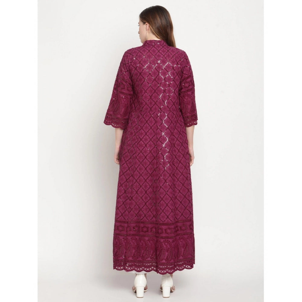 Women's Casual 3/4th Sleeve Embroidered Cotton Kurti (Purple)