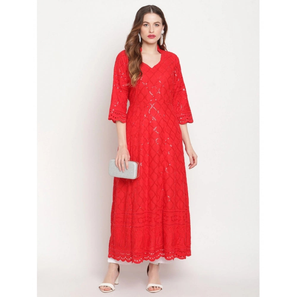 Women's Casual 3/4th Sleeve Embroidered Cotton Kurti (Red)