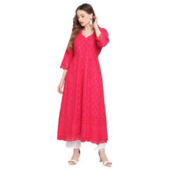 Women's Casual 3/4th Sleeve Embroidered Cotton Kurti (Magenta)