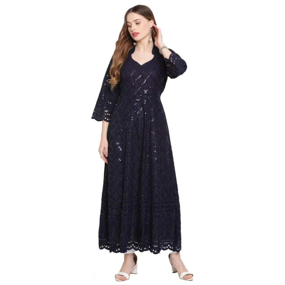 Women's Casual 3/4th Sleeve Embroidered Cotton Kurti (Navy Blue)