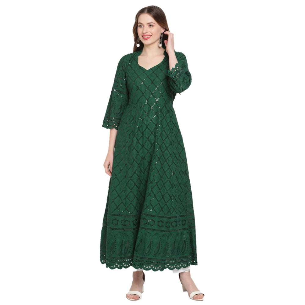 Women's Casual 3/4th Sleeve Embroidered Cotton Kurti (Dark Green)