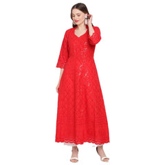 Women's Casual 3/4th Sleeve Embroidered Cotton Kurti (Red)