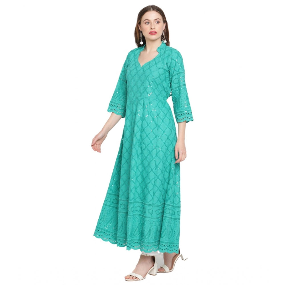 Women's Casual 3/4th Sleeve Embroidered Cotton Kurti (Blue)