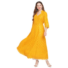 Women's Casual 3/4th Sleeve Embroidered Cotton Kurti (Mustard)