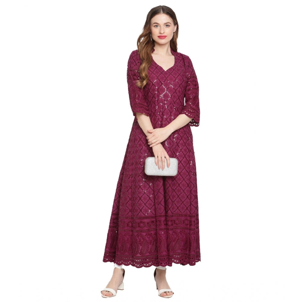 Women's Casual 3/4th Sleeve Embroidered Cotton Kurti (Purple)