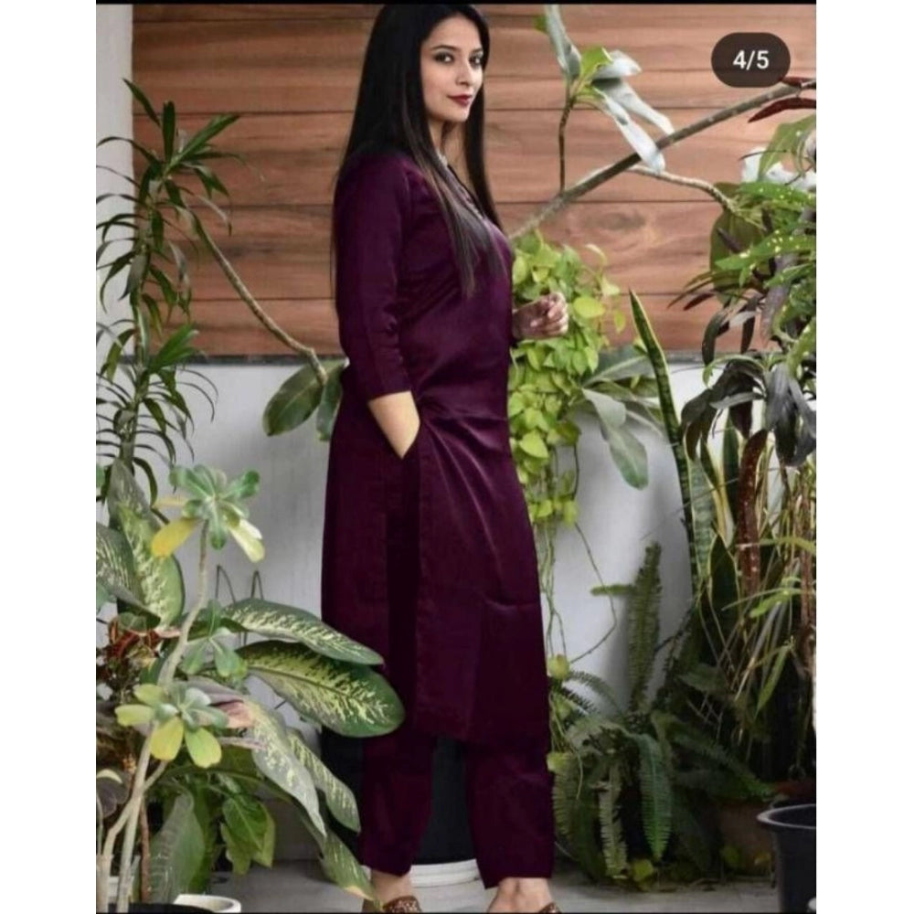 Casual 3/4th Sleeve Solid Jam Cotton kurti With Pant Set (Purple)