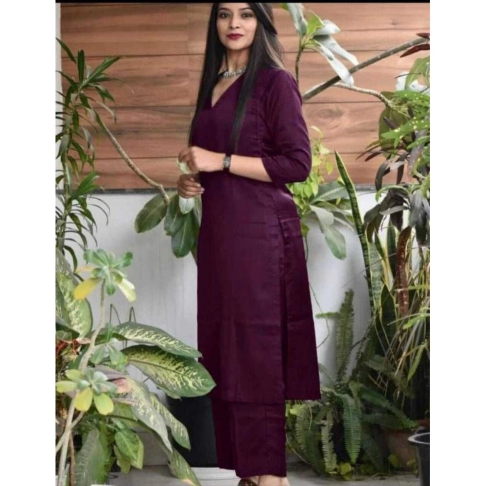 Casual 3/4th Sleeve Solid Jam Cotton kurti With Pant Set (Purple)