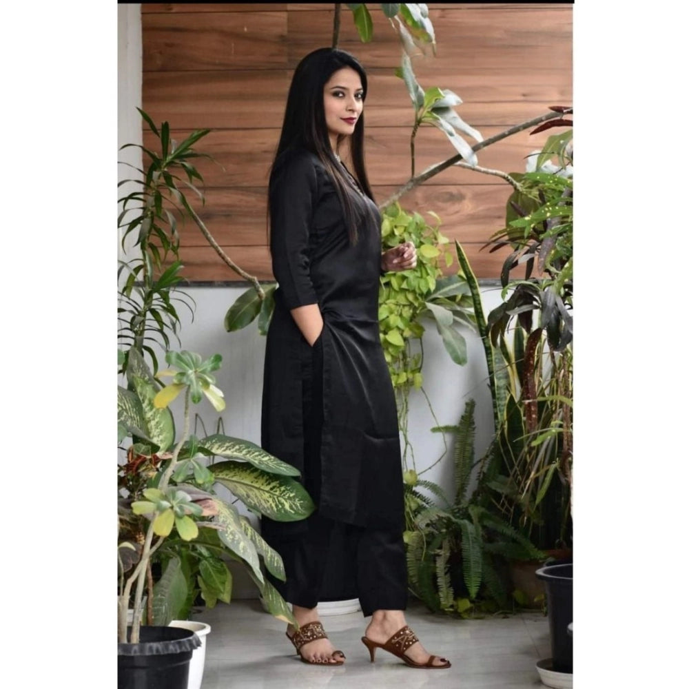 Casual 3/4th Sleeve Solid Jam Cotton kurti With Pant Set (Black)