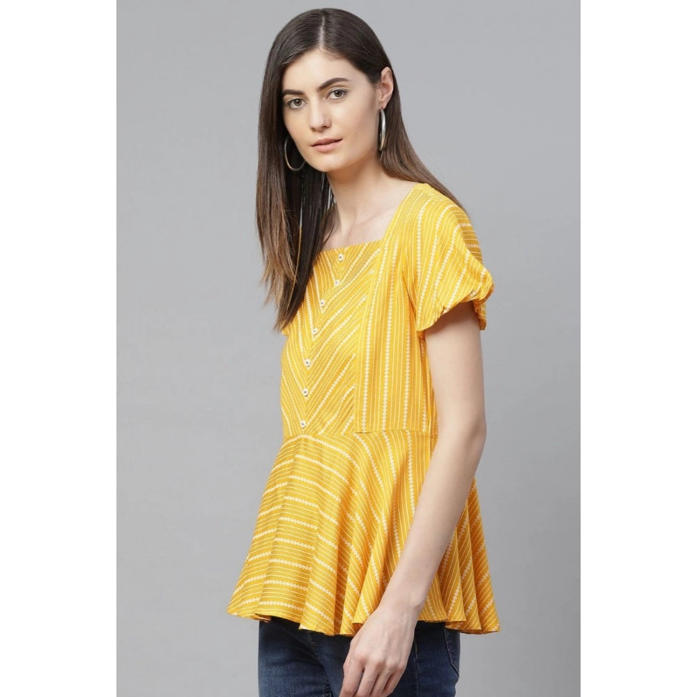 Casual Short Sleeves Stripe Printed Rayon Top (Mustard)