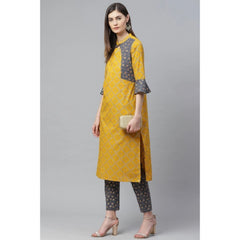 Casual Bell Sleeves Geomatrical Printed Cotton Kurti Set (Yellow)