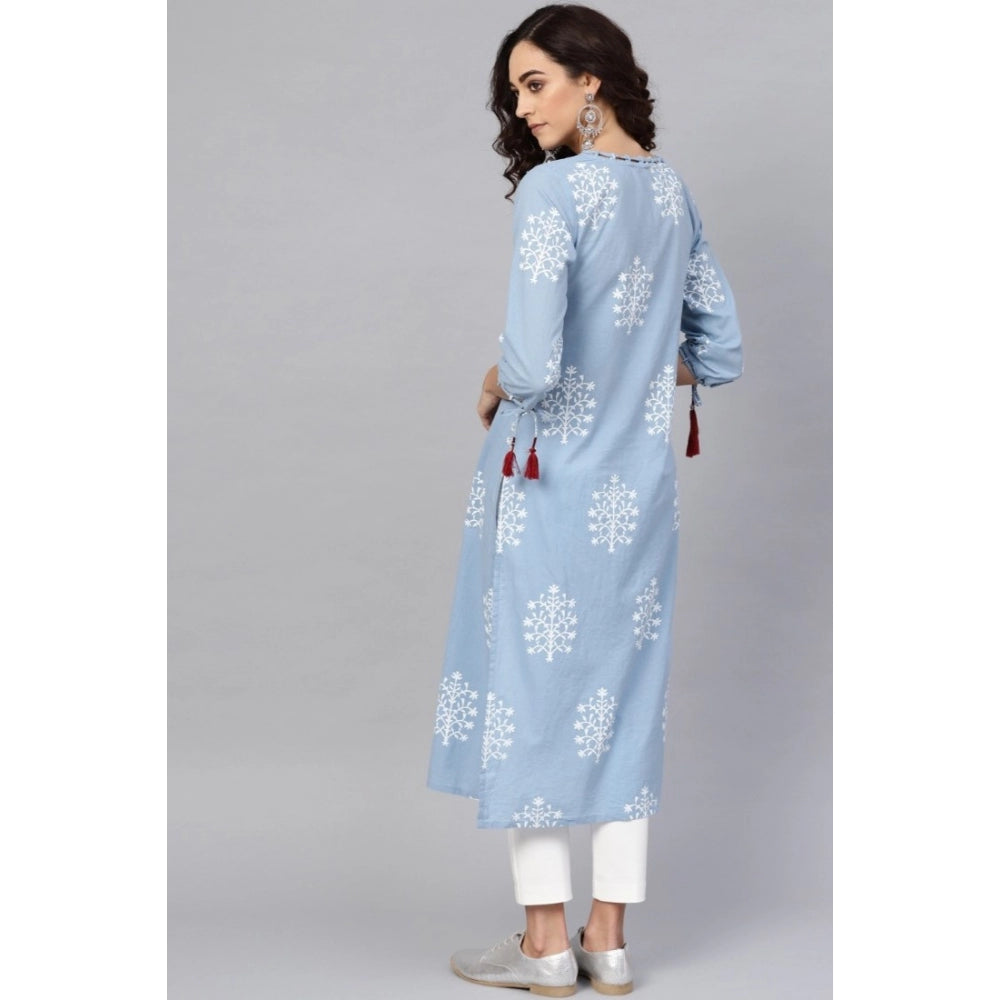 Women's Casual 3/4 th Sleeve Embroidery Cambric Cotton Kurti (Blue)