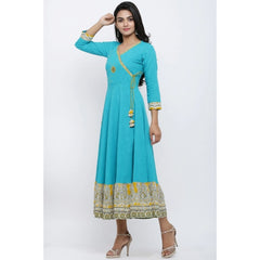 Women's Casual 3/4 th Sleeve Embroidery Cotton Blend Kurti (Torque Green)