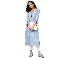 Women's Casual 3/4 th Sleeve Embroidery Cambric Cotton Kurti (Blue)