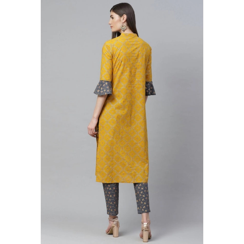 Casual Bell Sleeves Geomatrical Printed Cotton Kurti Set (Yellow)