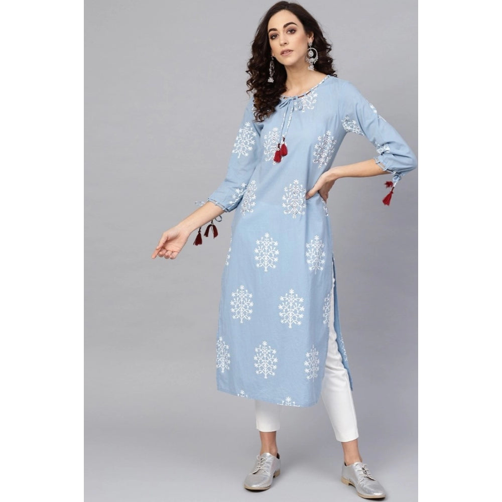 Women's Casual 3/4 th Sleeve Embroidery Cambric Cotton Kurti (Blue)