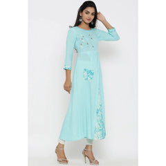 Women's Casual 3/4 th Sleeve Embroidery Rayon Kurti (Sky Blue)