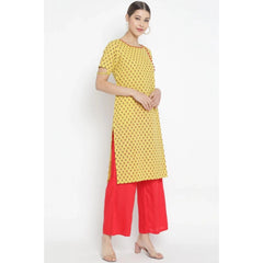 Casual Short Sleeves Floral Printed Cotton &amp; Rayon Kurti Palazzo Set (Yellow &amp; Red)