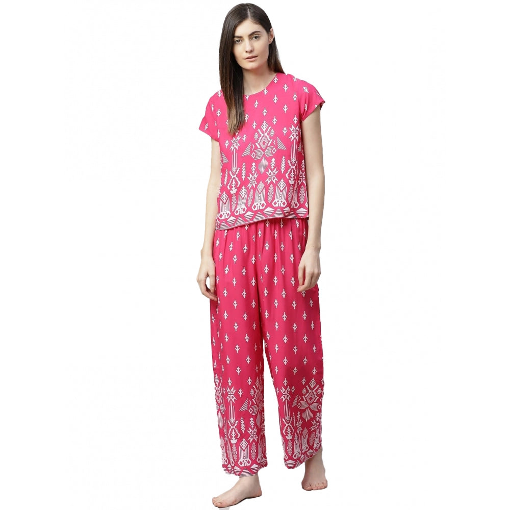 Casual Short Sleeve Printed Rayon Pajama Set (Pink)