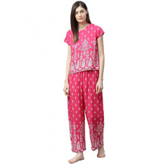 Casual Short Sleeve Printed Rayon Pajama Set (Pink)