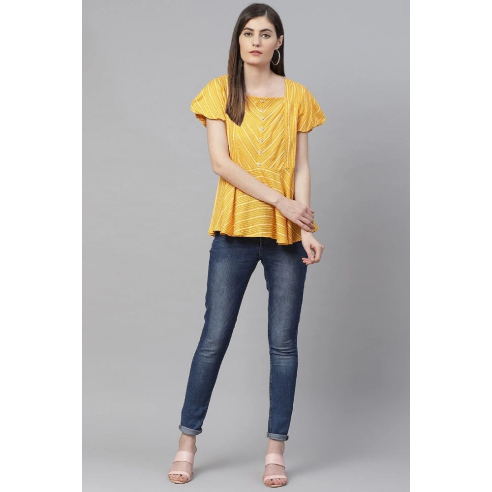 Casual Short Sleeves Stripe Printed Rayon Top (Mustard)