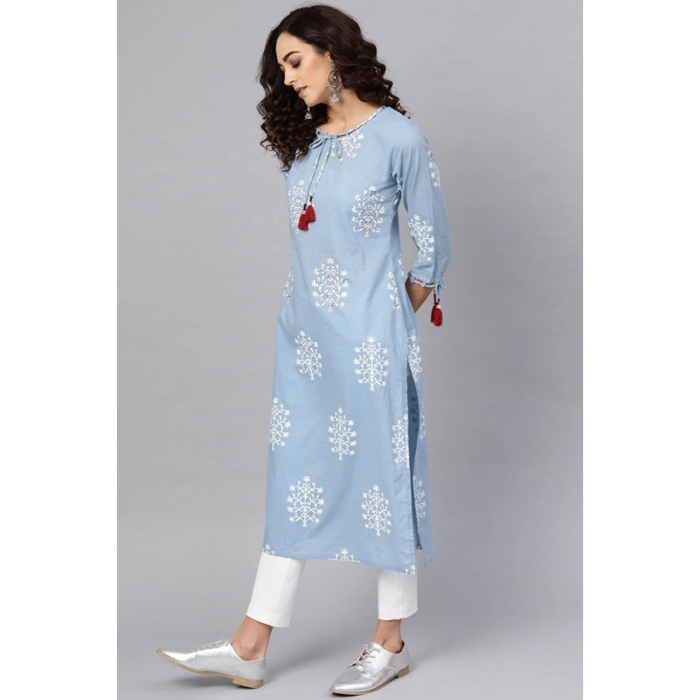 Women's Casual 3/4 th Sleeve Embroidery Cambric Cotton Kurti (Blue)