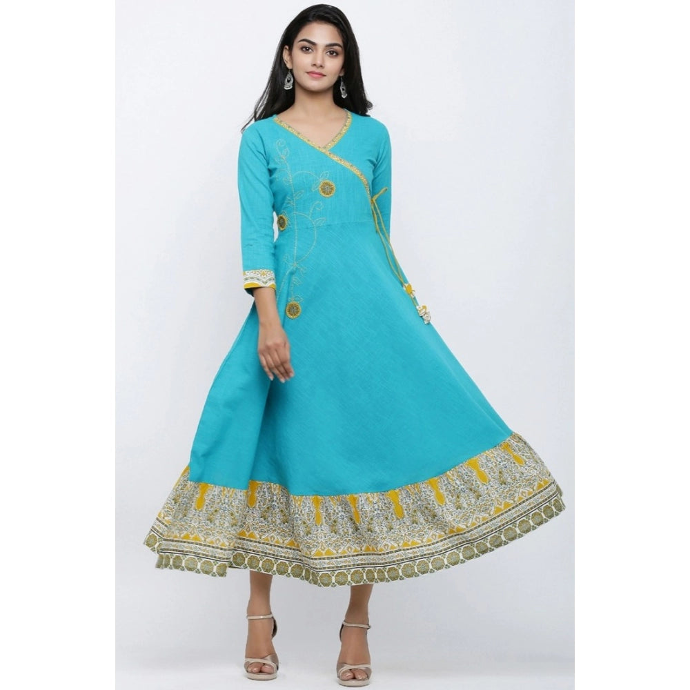 Women's Casual 3/4 th Sleeve Embroidery Cotton Blend Kurti (Torque Green)