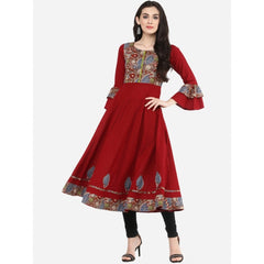 Women's Casual Bell Sleeves Printed Cotton Kurti (Maroon)