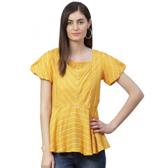 Casual Short Sleeves Stripe Printed Rayon Top (Mustard)