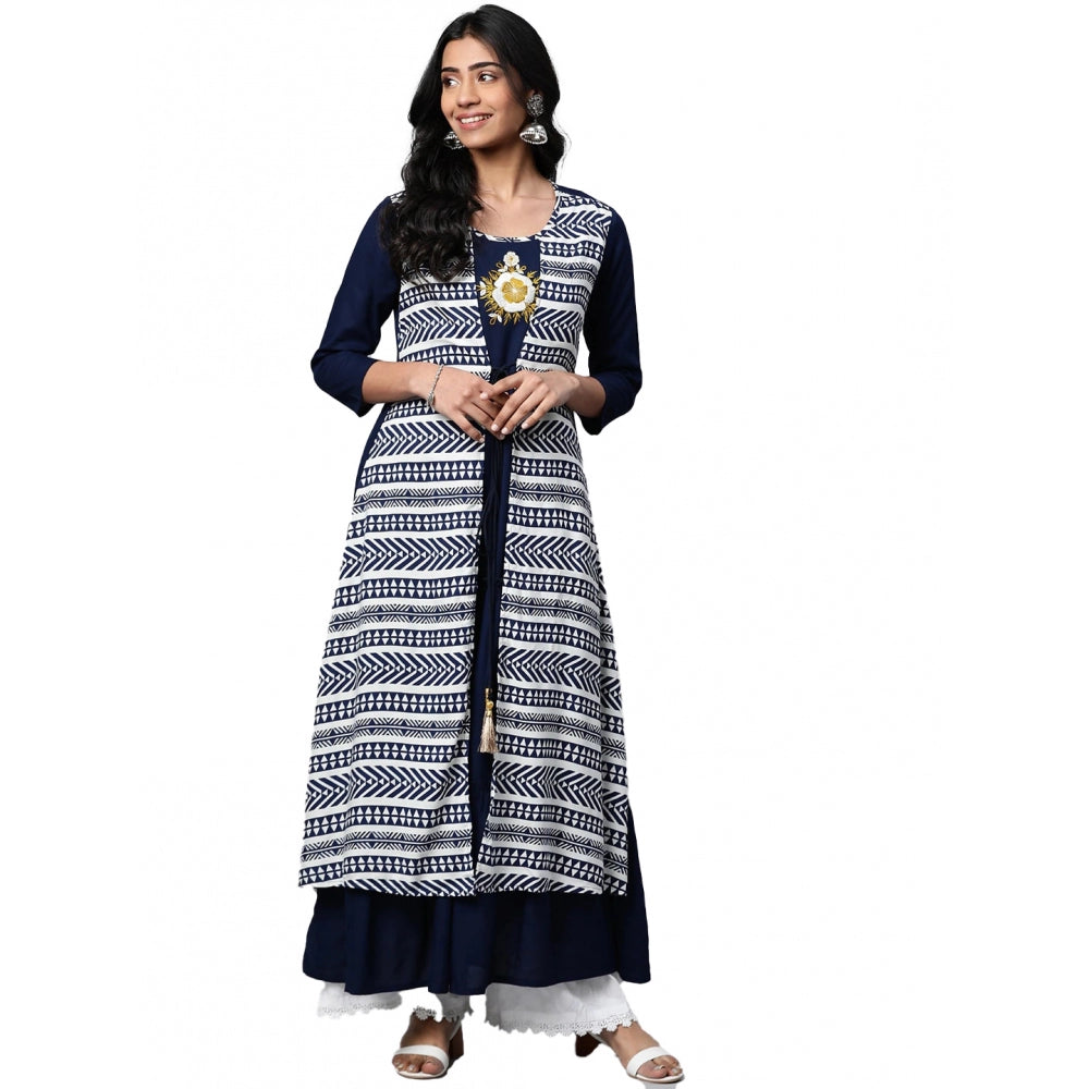 Women's Casual 3/4 th Sleeve Geometric Rayon Kurti (Navy Blue)