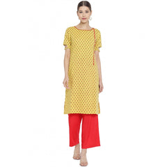 Casual Short Sleeves Floral Printed Cotton &amp; Rayon Kurti Palazzo Set (Yellow &amp; Red)