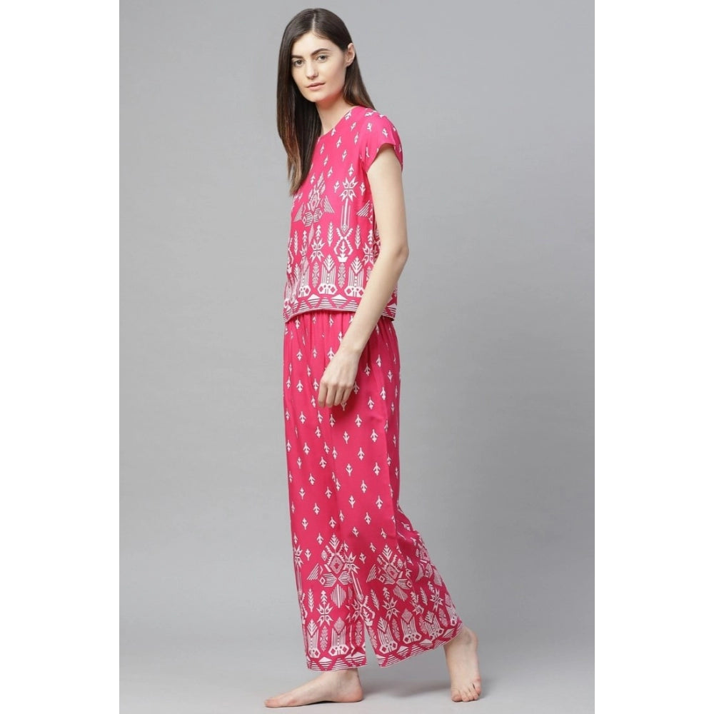 Casual Short Sleeve Printed Rayon Pajama Set (Pink)