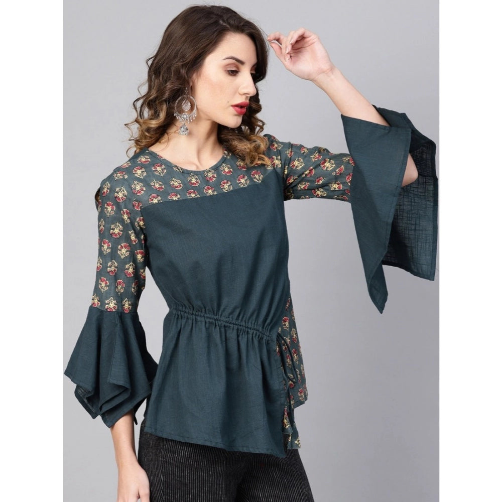 Casual Bell Sleeves Floral Printed Cotton Slub Top (Grey)