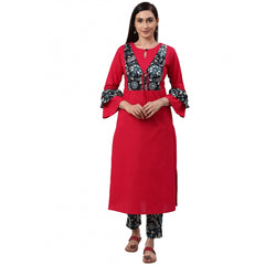 Women's Casual Bell Sleeves Floral Printed Cotton Kurti Set (Rani Pink)