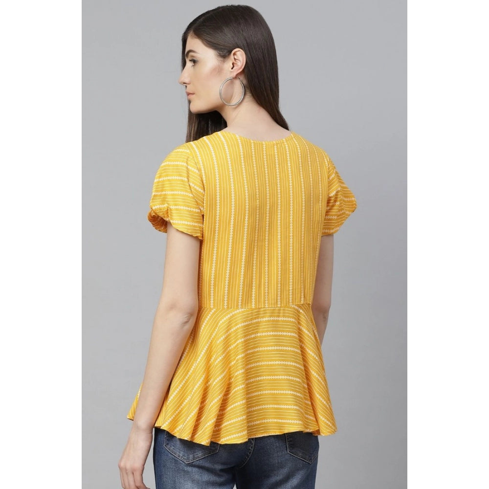 Casual Short Sleeves Stripe Printed Rayon Top (Mustard)