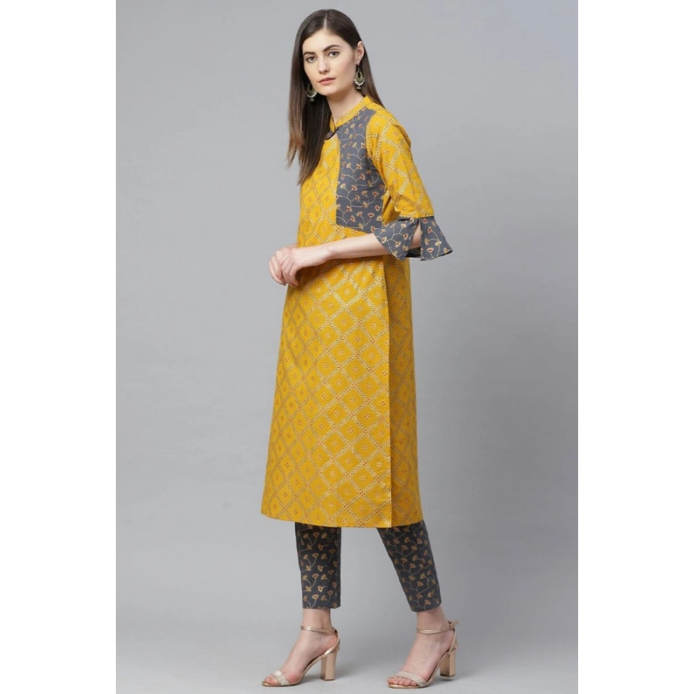 Casual Bell Sleeves Geomatrical Printed Cotton Kurti Set (Yellow)