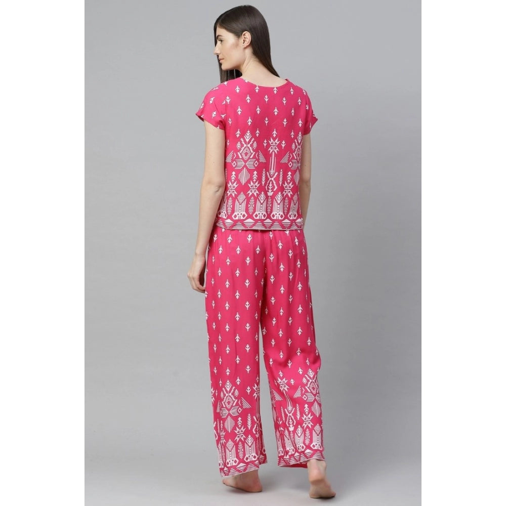 Casual Short Sleeve Printed Rayon Pajama Set (Pink)