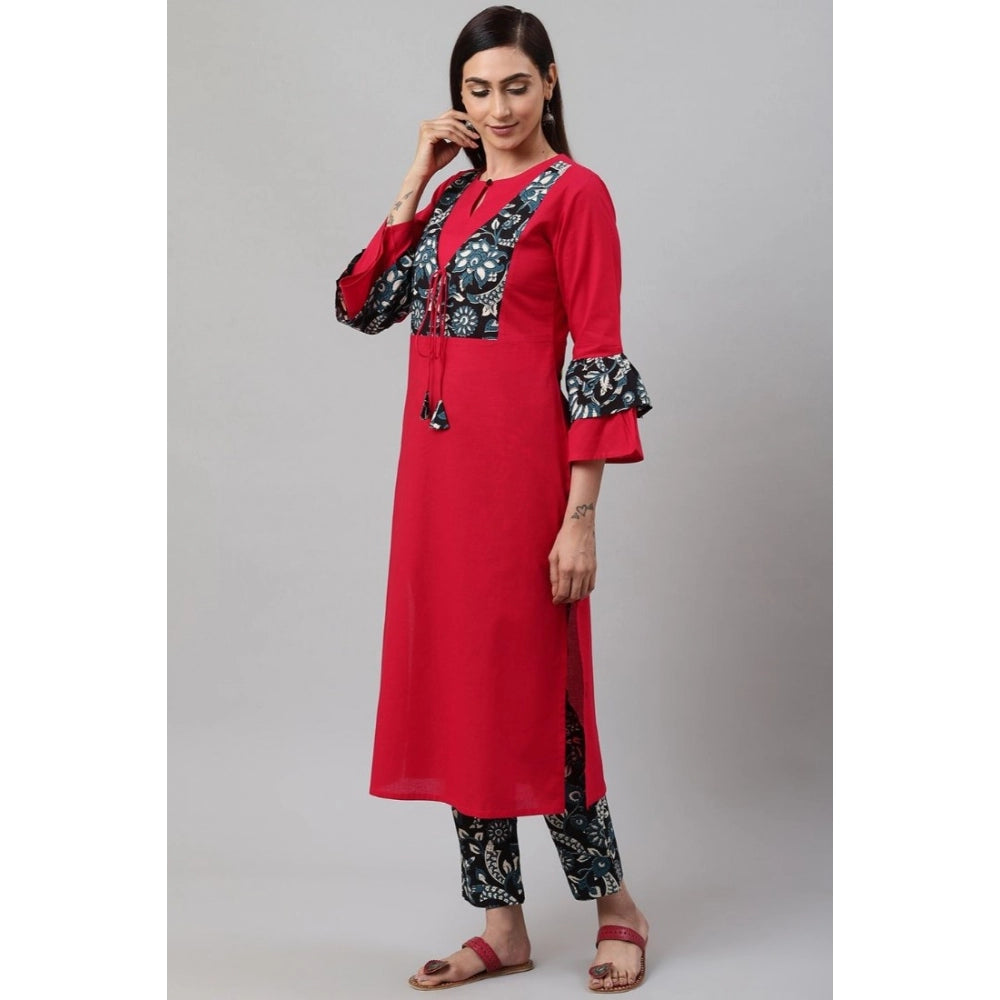 Women's Casual Bell Sleeves Floral Printed Cotton Kurti Set (Rani Pink)