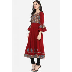 Women's Casual Bell Sleeves Printed Cotton Kurti (Maroon)