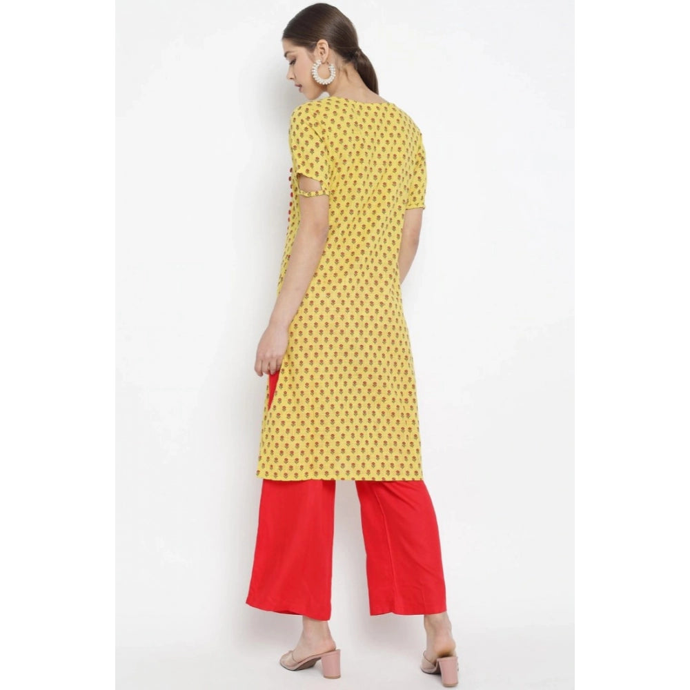 Casual Short Sleeves Floral Printed Cotton &amp; Rayon Kurti Palazzo Set (Yellow &amp; Red)