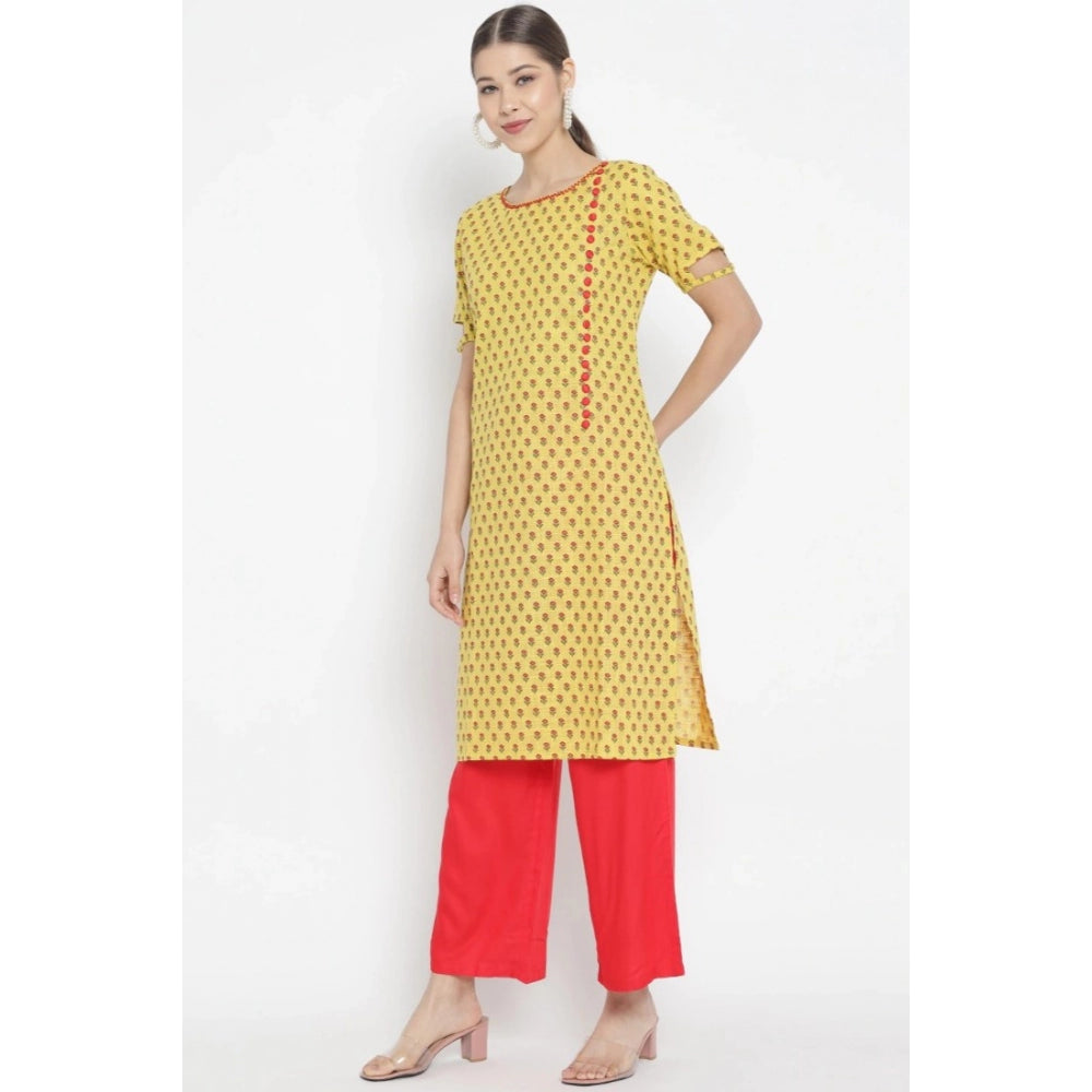 Casual Short Sleeves Floral Printed Cotton &amp; Rayon Kurti Palazzo Set (Yellow &amp; Red)