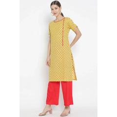 Casual Short Sleeves Floral Printed Cotton &amp; Rayon Kurti Palazzo Set (Yellow &amp; Red)