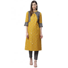 Casual Bell Sleeves Geomatrical Printed Cotton Kurti Set (Yellow)