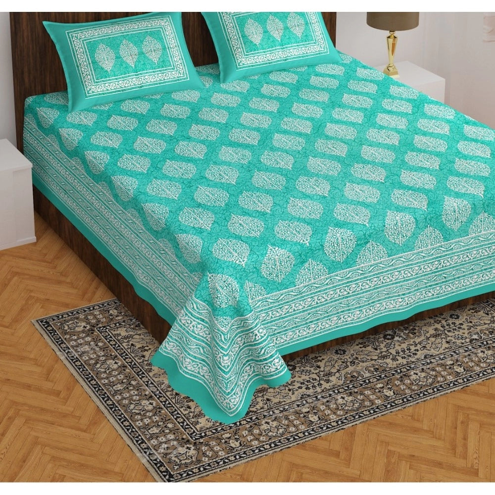 Cotton Printed Queen Size Bedsheet With 2 Pillow Covers (Sea Green, 90x100 Inch)