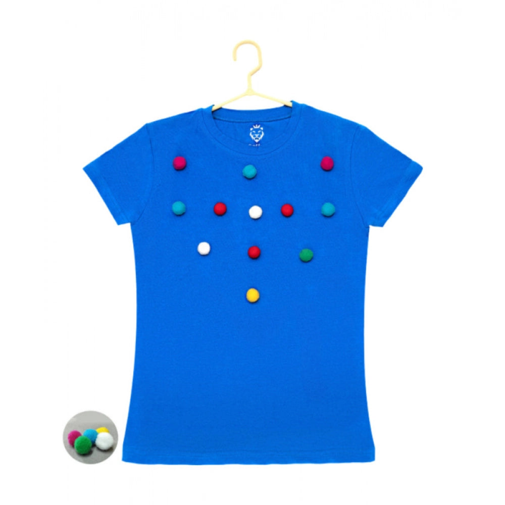 Girl's Casual Short Sleeve Pom Pom Balls Cotton T Shirt (Royal Blue)