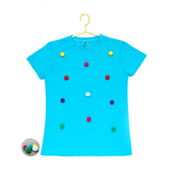 Girl's Casual Short Sleeve Pom Pom Balls Cotton T Shirt (Blue)